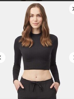 Tentree Meteorite Black Mock Neck Tencel Long Sleeve Crop Top